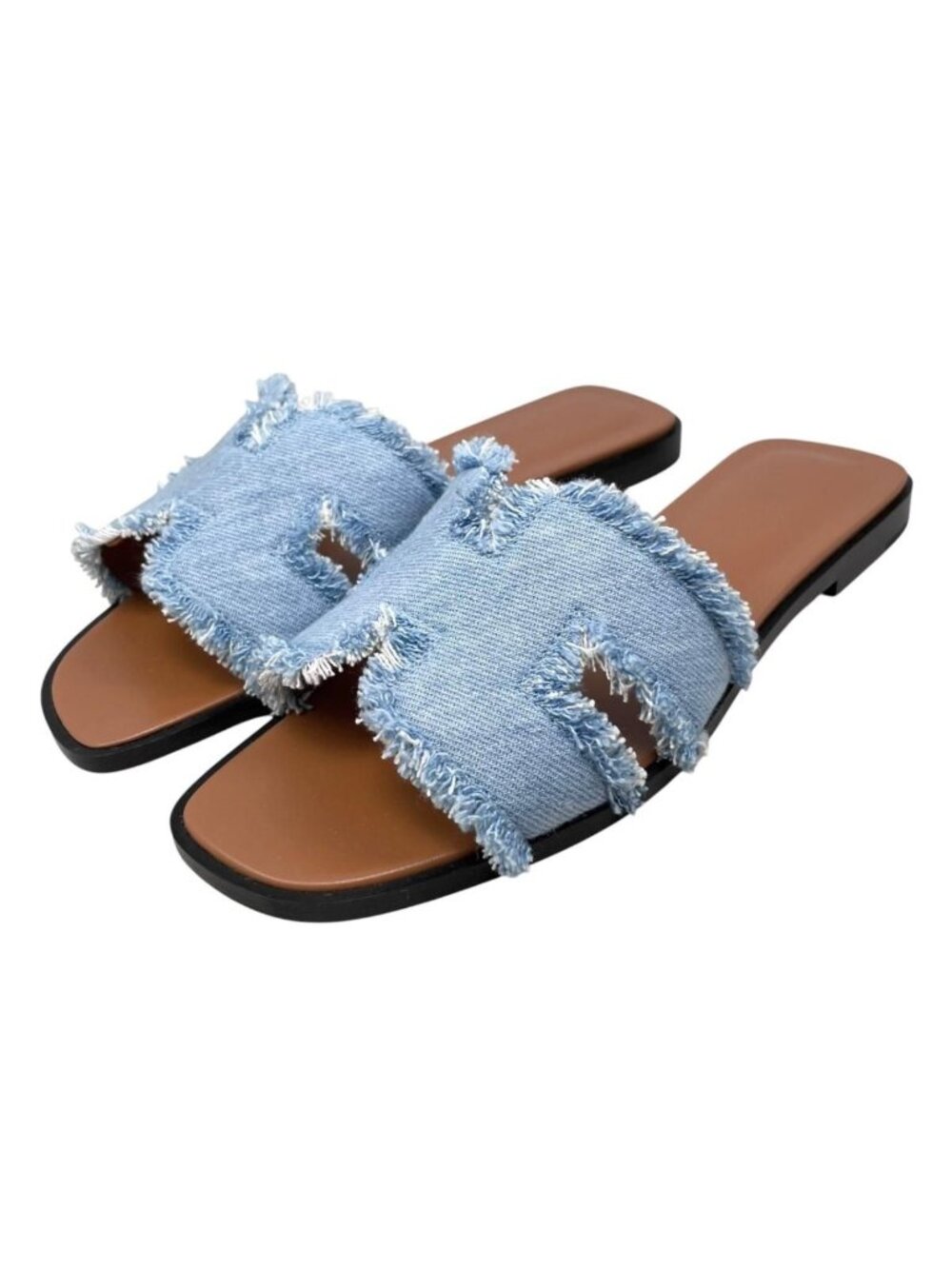 Hermes Sandals Oran 36.5 Denim Fringe Maxi Leather Blue Cler